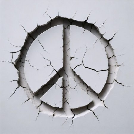 Peace symbol formed by two cracks in white wall, Ai generated imageの写真素材