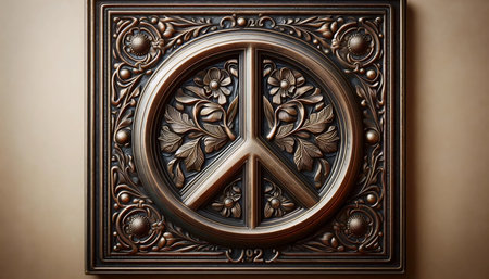 Engraved peace symbol on antique bronze plaque, Ai generated imageの写真素材
