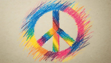 Childs crayon drawing of peace sign on paper, Ai generated image