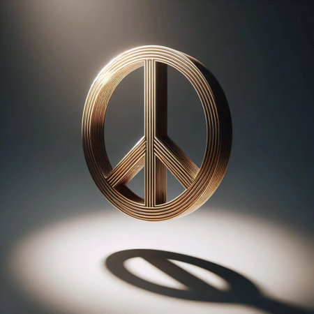 Floating metal peace sign with sharp shadows, Ai generated image