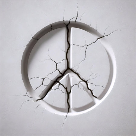Peace symbol formed by two cracks in white wall, Ai generated imageの写真素材