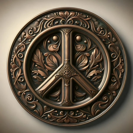 Engraved peace symbol on antique bronze plaque, Ai generated imageの写真素材