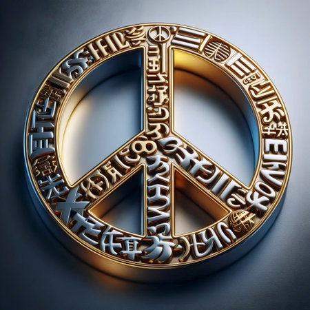Metallic foil peace sign with embossed lettering, Ai generated image