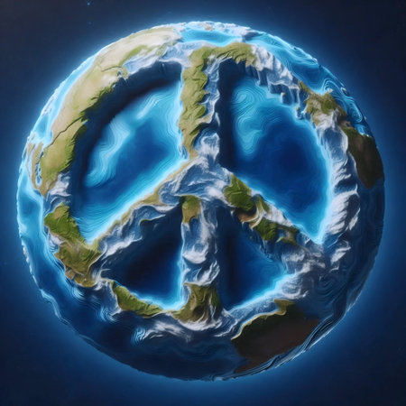 A 3D Earth model with peace sign carved into oceans, Ai generated image
