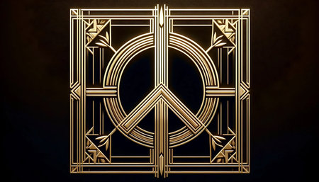 Art Deco style golden peace symbol poster, Ai generated image