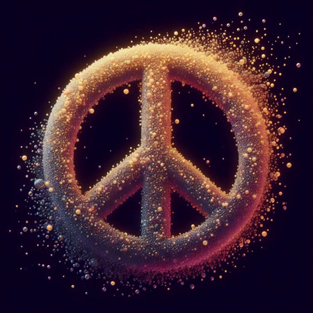 Animated peace sign with floating particles, Ai generated imageの写真素材