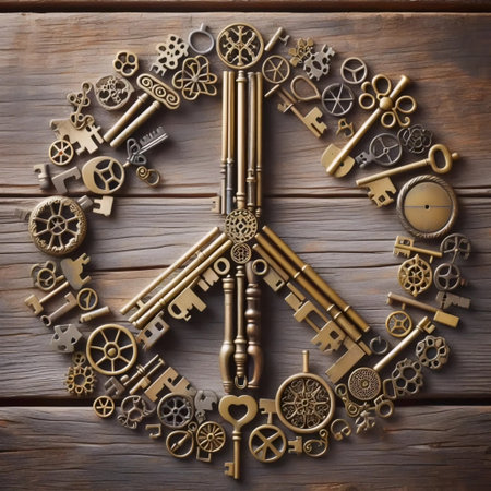 A peace sign made of vintage keys on wooden background, Ai generated imageの写真素材