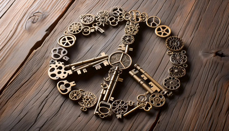 A peace sign made of vintage keys on wooden background, Ai generated imageの写真素材