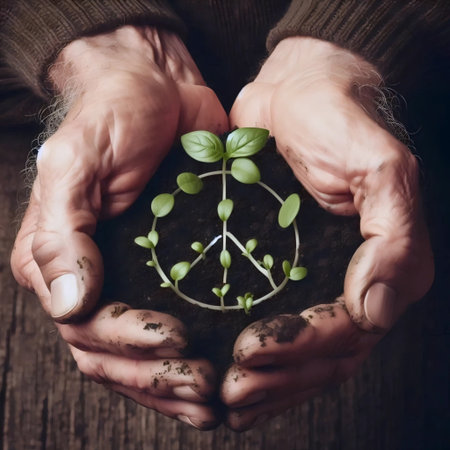 Aged hands holding soil with sprouting peace symbol, Ai generated imageの写真素材