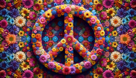 Kaleidoscopic peace sign made of blooming flowers, Ai generated imageの写真素材