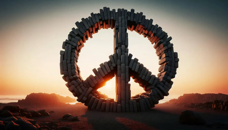 Volcanic rock formation creating peace symbol silhouette, Ai generated imageの写真素材