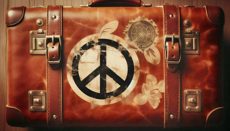 Worn travel sticker peace symbol on leather suitcase, Ai generated image