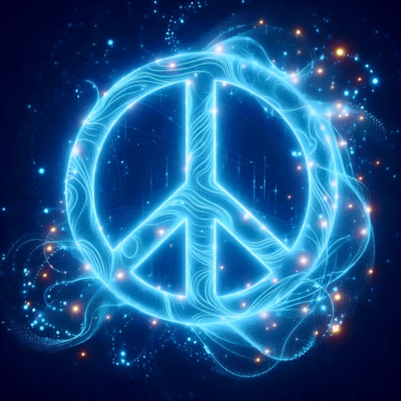 Glowing neon peace sign with trailing light particles, Ai generated imageの写真素材