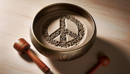 Sand peace symbol in Tibetan singing bowl, Ai generated image