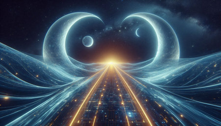 A bridge made of light connecting two moons, AI generated imageの写真素材