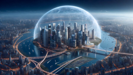 A city inside a giant glass orb, AI generated imageの写真素材
