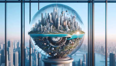 A giant hourglass with cities inside, AI generated imageの写真素材