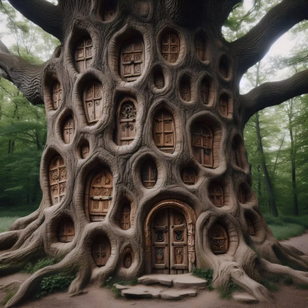 A tree with doors in its trunk, AI generated imageの写真素材