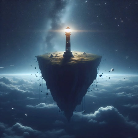 A lighthouse on a floating island, AI generated imageの写真素材