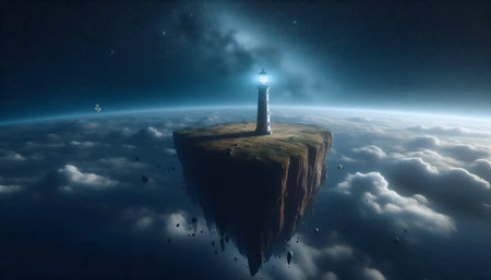 A lighthouse on a floating island, AI generated imageの写真素材