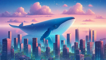A floating whale above a city, AI generated imageの写真素材