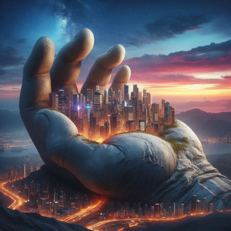 A giant hand holding a tiny city, AI generated imageの写真素材