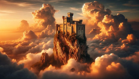 A floating castle in the clouds, AI generated image