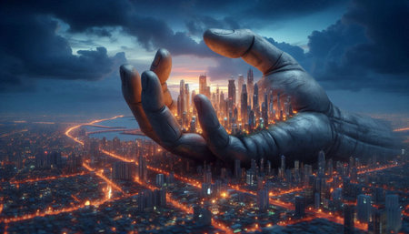 A giant hand holding a tiny city, AI generated imageの写真素材
