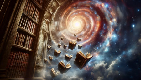 A floating library in the cosmos, AI generated imageの写真素材