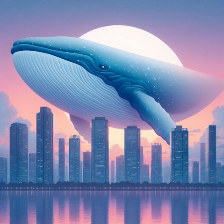 A floating whale above a city, AI generated imageの写真素材