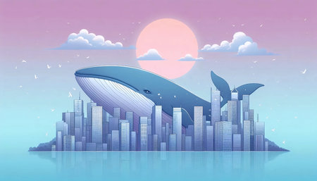 A floating whale above a city, AI generated imageの写真素材