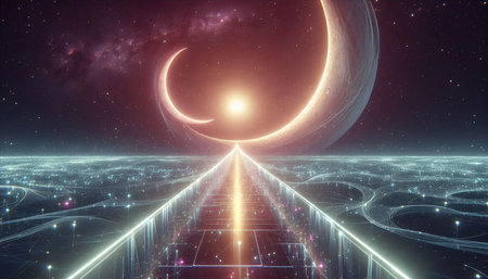 A bridge made of light connecting two moons, AI generated image