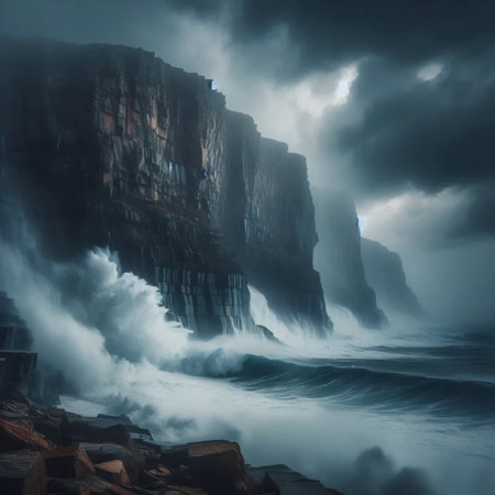 A dramatic coastal cliff with crashing waves, Ai generated imageの写真素材