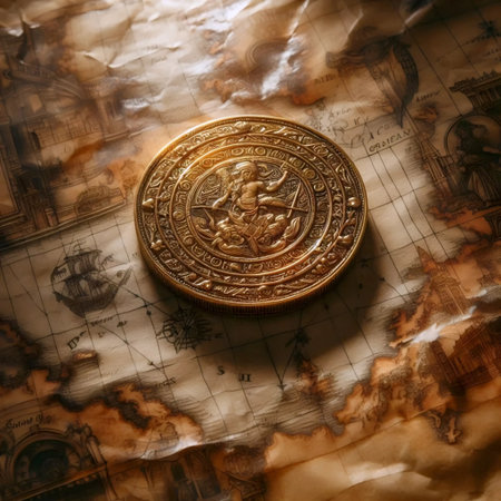 A vintage gold coin with historical designs, Ai generated image