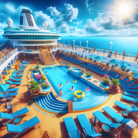 A lively cruise ship deck with pool, Ai generated image