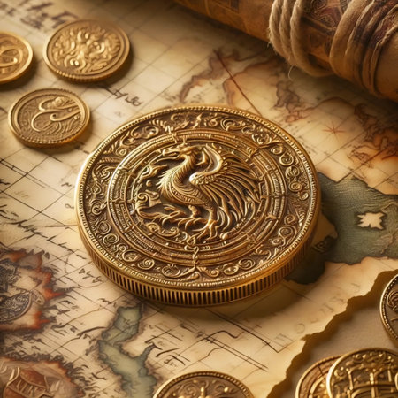 A vintage gold coin with historical designs, Ai generated image