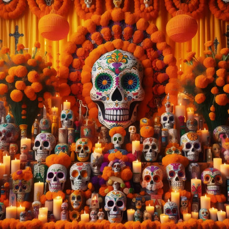 Colorful ofrenda with marigolds and sugar skulls, Ai generated image