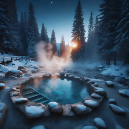 A hidden hot spring in the mountains, Ai generated imageの写真素材