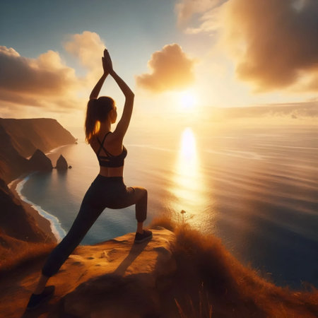 A yoga session on a cliff at sunrise, Ai generated imageの写真素材
