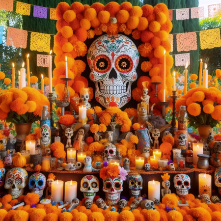 Colorful ofrenda with marigolds and sugar skulls, Ai generated imageの写真素材