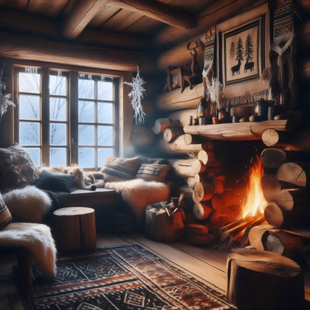 A mountain cabin with a warm fireplaceの写真素材
