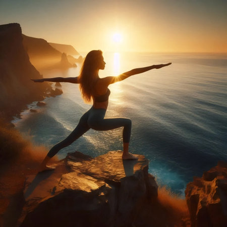 A yoga session on a cliff at sunrise, Ai generated imageの写真素材