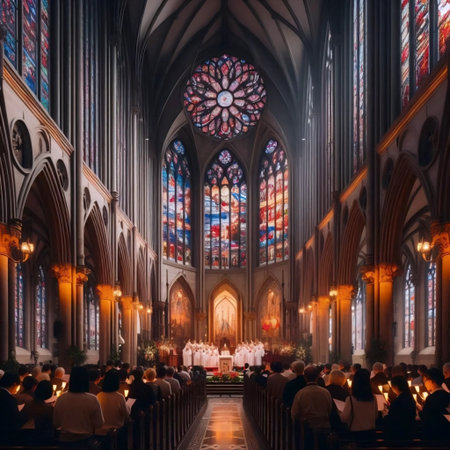 A candlelit Christmas Eve service, Ai generated imageの写真素材