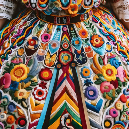 Close-up of embroidered Puebla dress details, Ai generated image