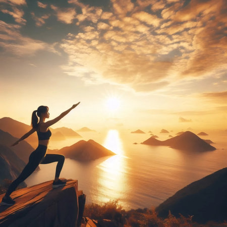 A yoga session on a cliff at sunrise, Ai generated imageの写真素材
