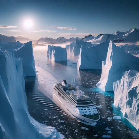 A cruise ship passing through Arctic icebergs, Ai generated imageの写真素材