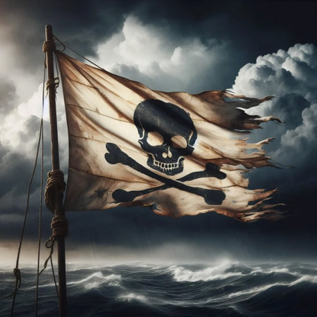 A tattered pirate flag in the wind, Ai generated imageの写真素材