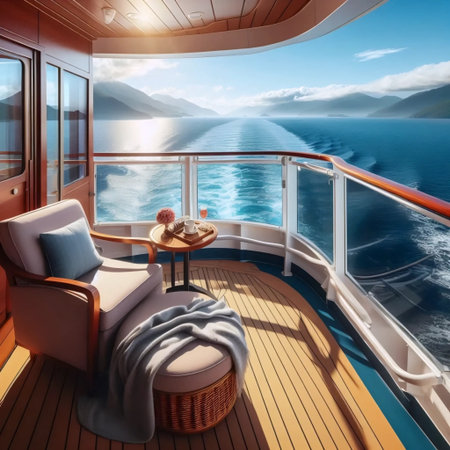 A cruise ship balcony with ocean view, Ai generated imageの写真素材