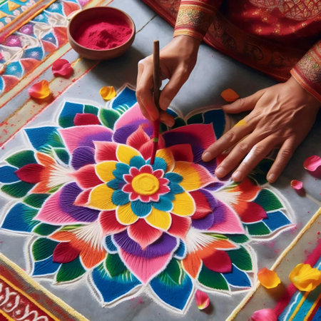 Woman creating colorful floor design, Ai generated imageの写真素材