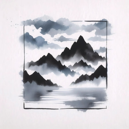 Monochrome sumi-e style, Ai generated imageの写真素材